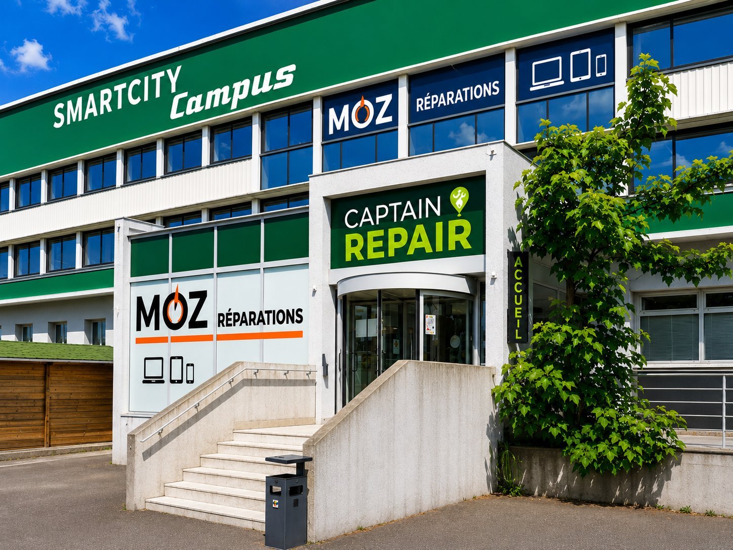 Façade du Smartcity Campus à Rambouillet — entrée Accueil de l'atelier MOZ Réparations / Captain Repair