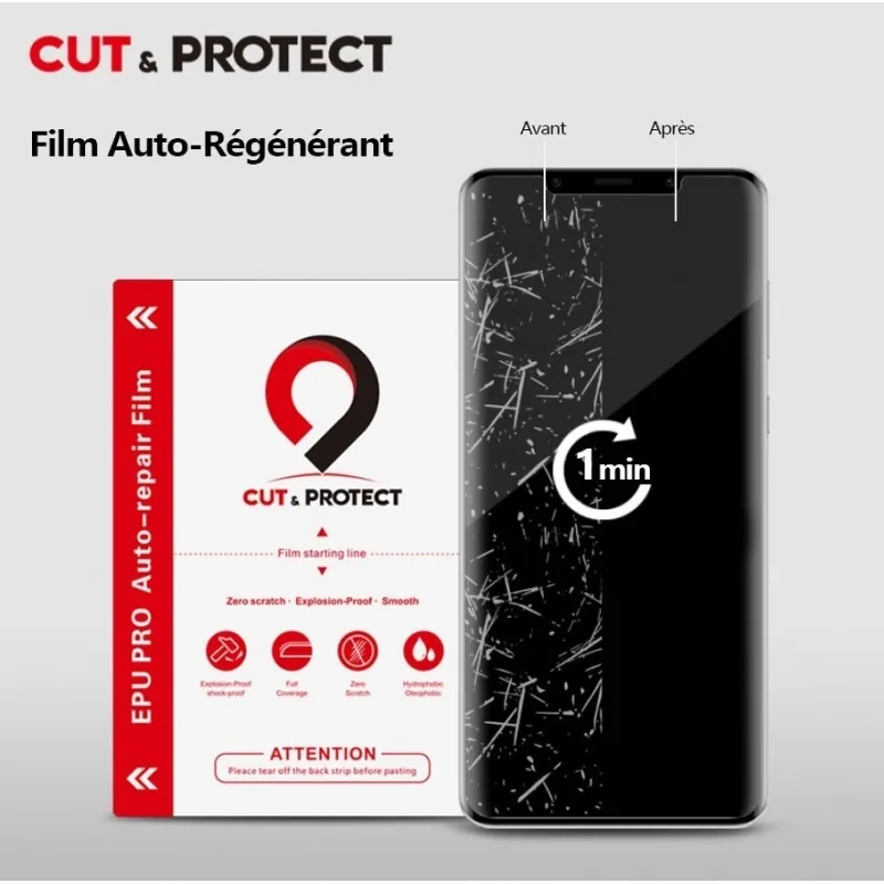 Film hydrogel auto-régénérant Cut & Protect — avant/après rayures